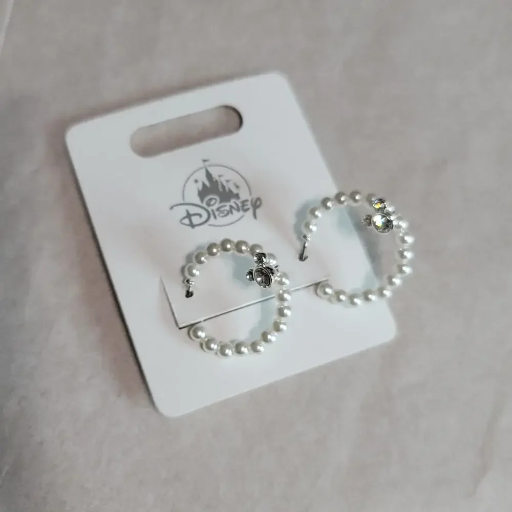 Disney Silver-Tone Mickey Mouse Rhinestone Faux Pearl Hoop Earrings